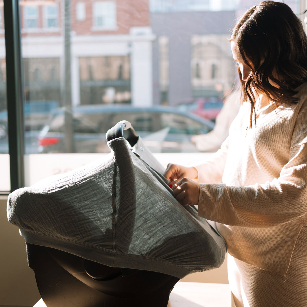 Cotton Muslin Car Seat Canopy - Sea - HoneyBug