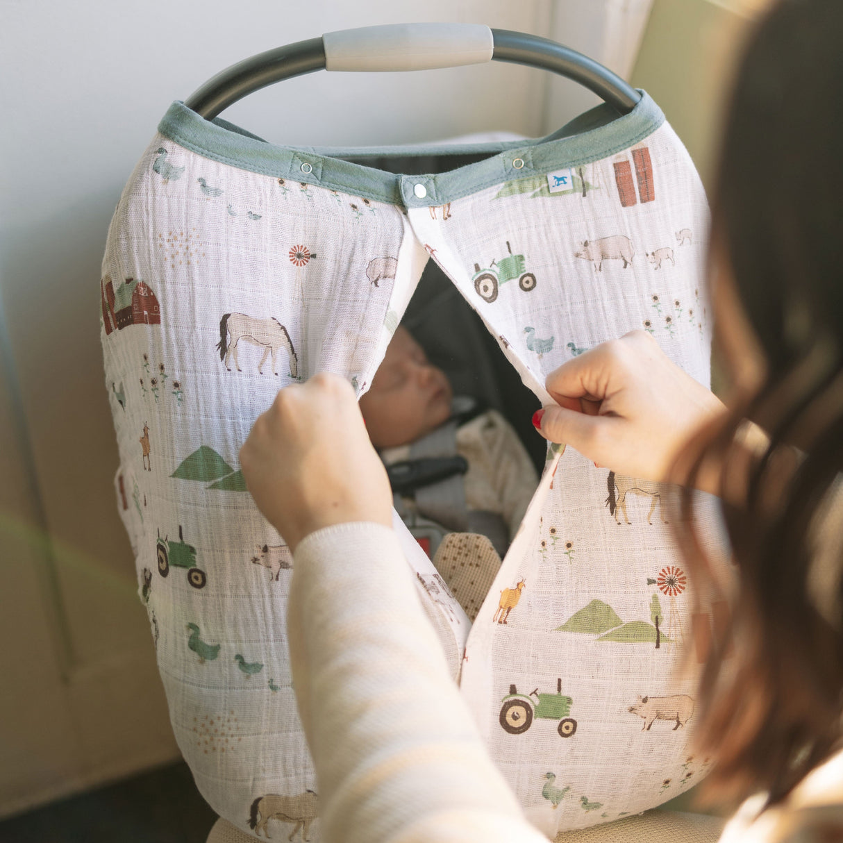 Cotton Muslin Car Seat Canopy - Farmyard - HoneyBug