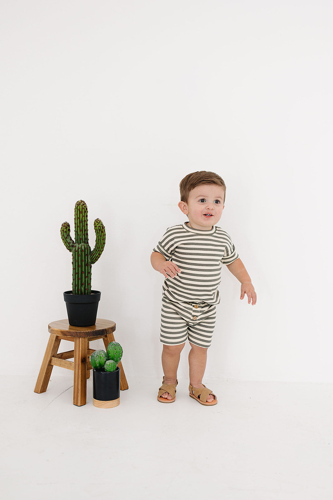 Charcoal Stripe Button Short Set - HoneyBug