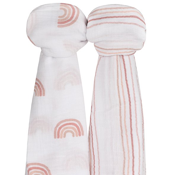 2 Pack Cotton Muslin Swaddle Blanket - Dusty Pink Rainbow - HoneyBug
