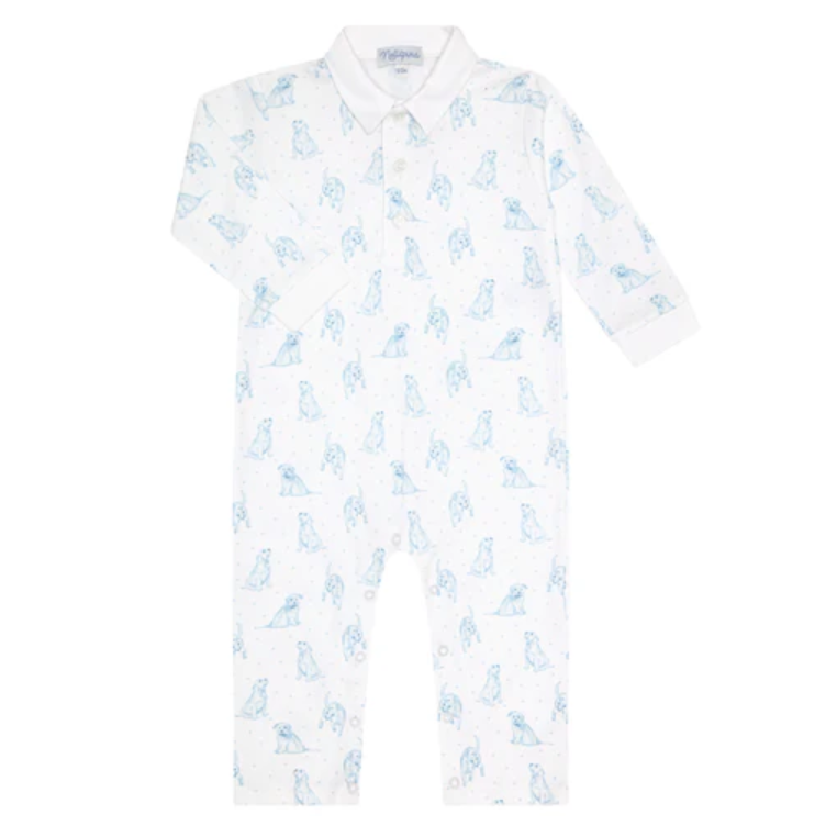 Blue Puppy Love Print Romper Long Sleeve