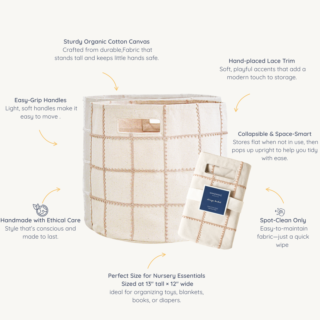 Handmade Canvas Storage Basket Lace - Pecan