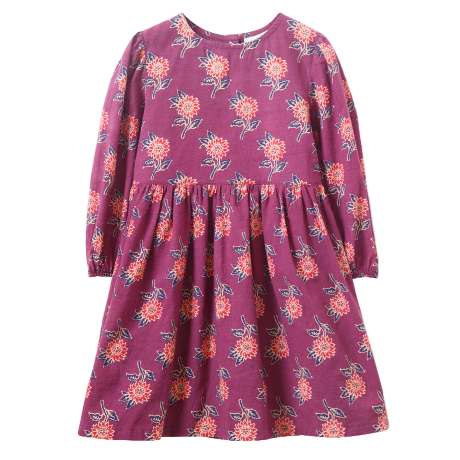 Girls' Long Sleeve Dress with Floral Motif | Purple & Red - HoneyBug