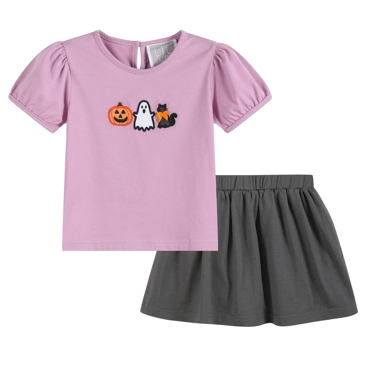 Purple Halloween Ruffle Top and Gray Skort Set