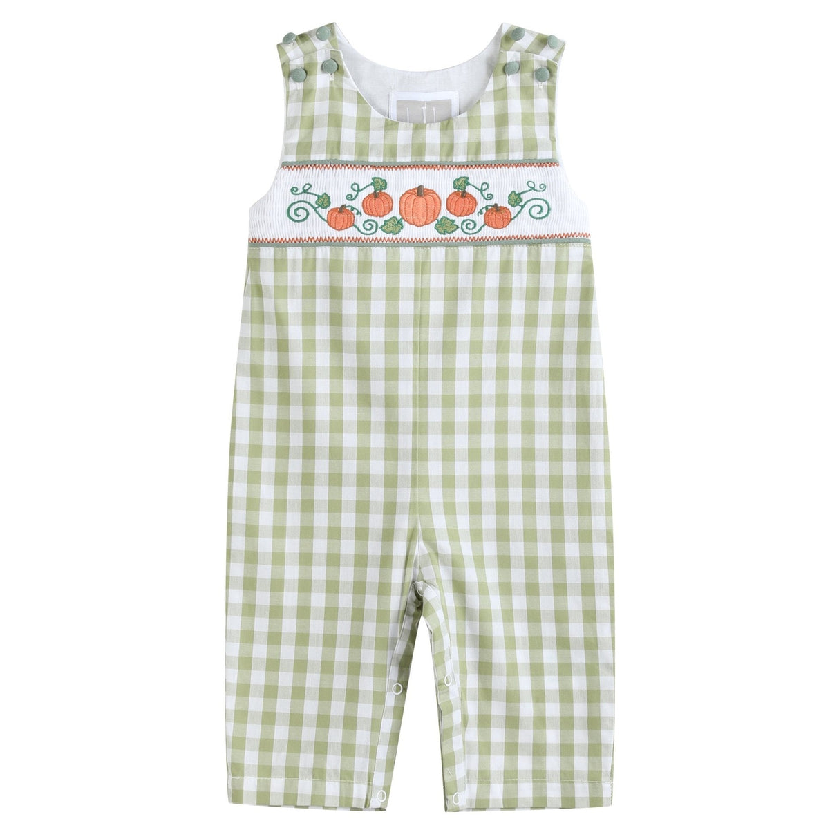 Sage Green Gingham Pumpkin Smocked Overalls
