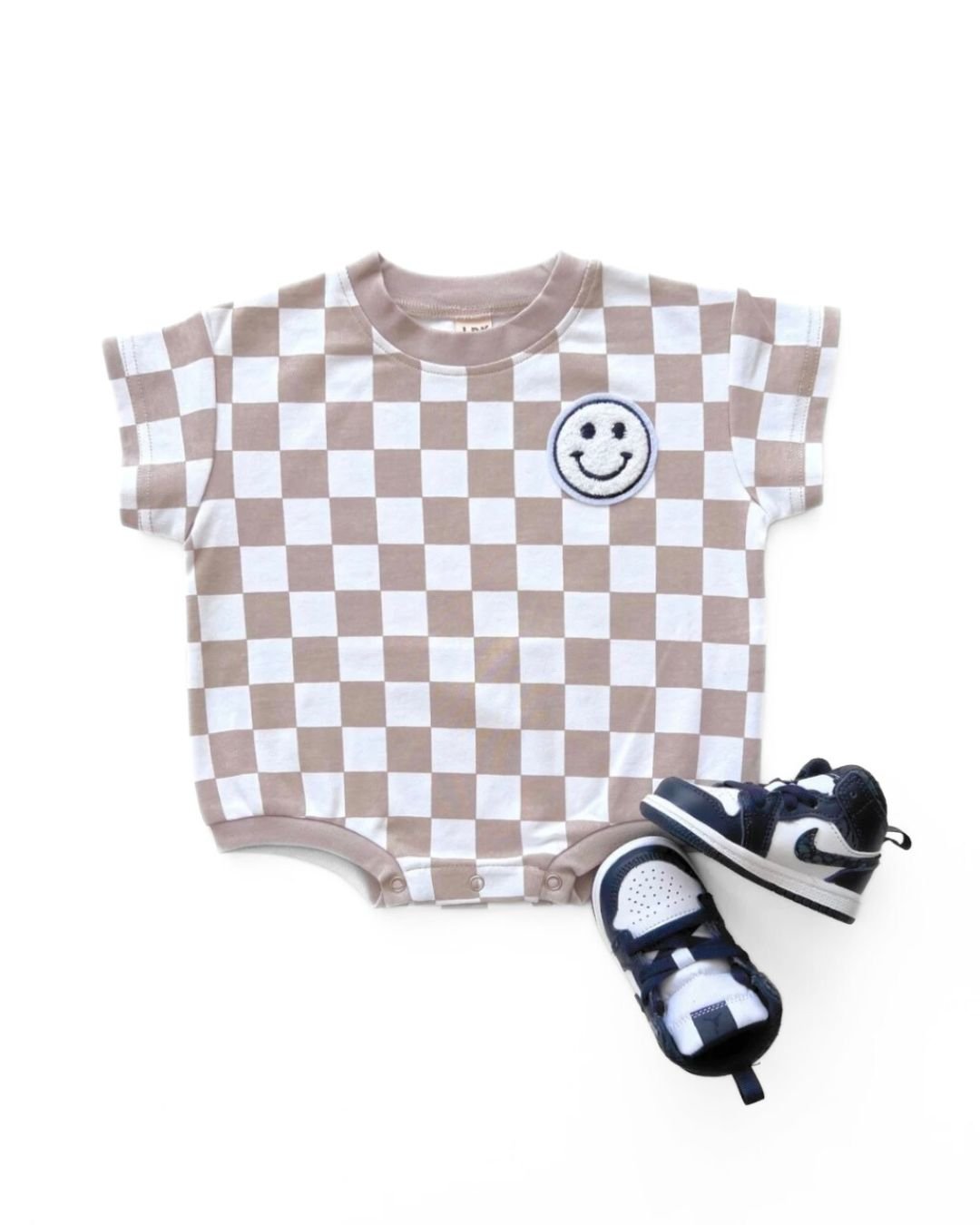Short Sleeve Bubble Romper | Checkered Smiley Latte - HoneyBug