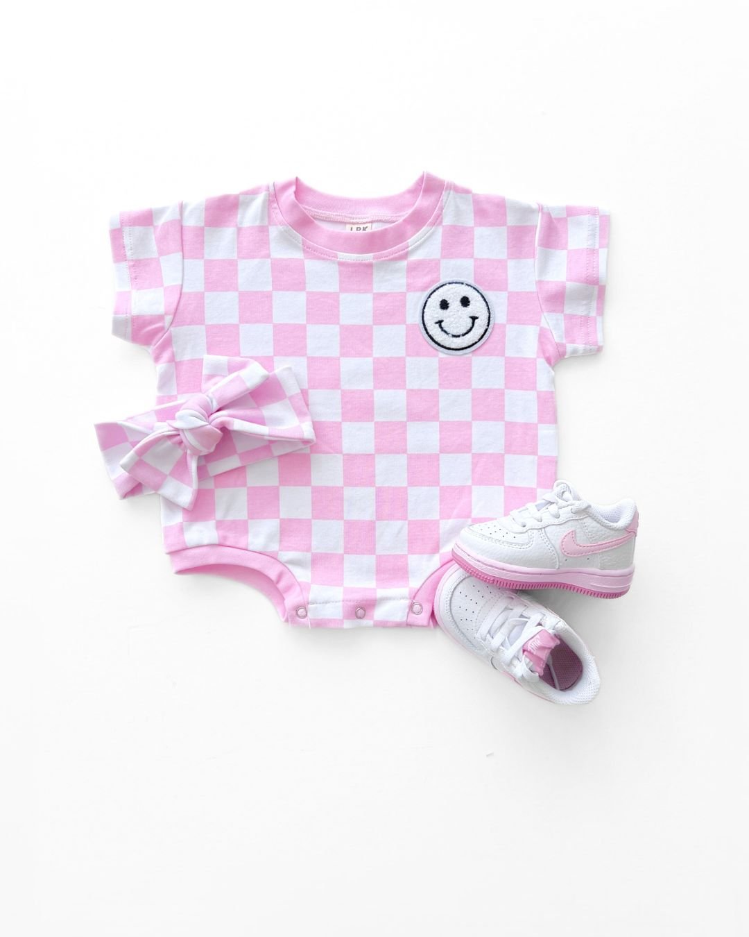 Short Sleeve Bubble Romper | Checkered Smiley Pink - HoneyBug
