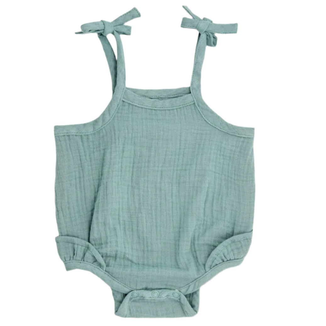 Muslin Ruffle Romper with Ties - Teal - HoneyBug