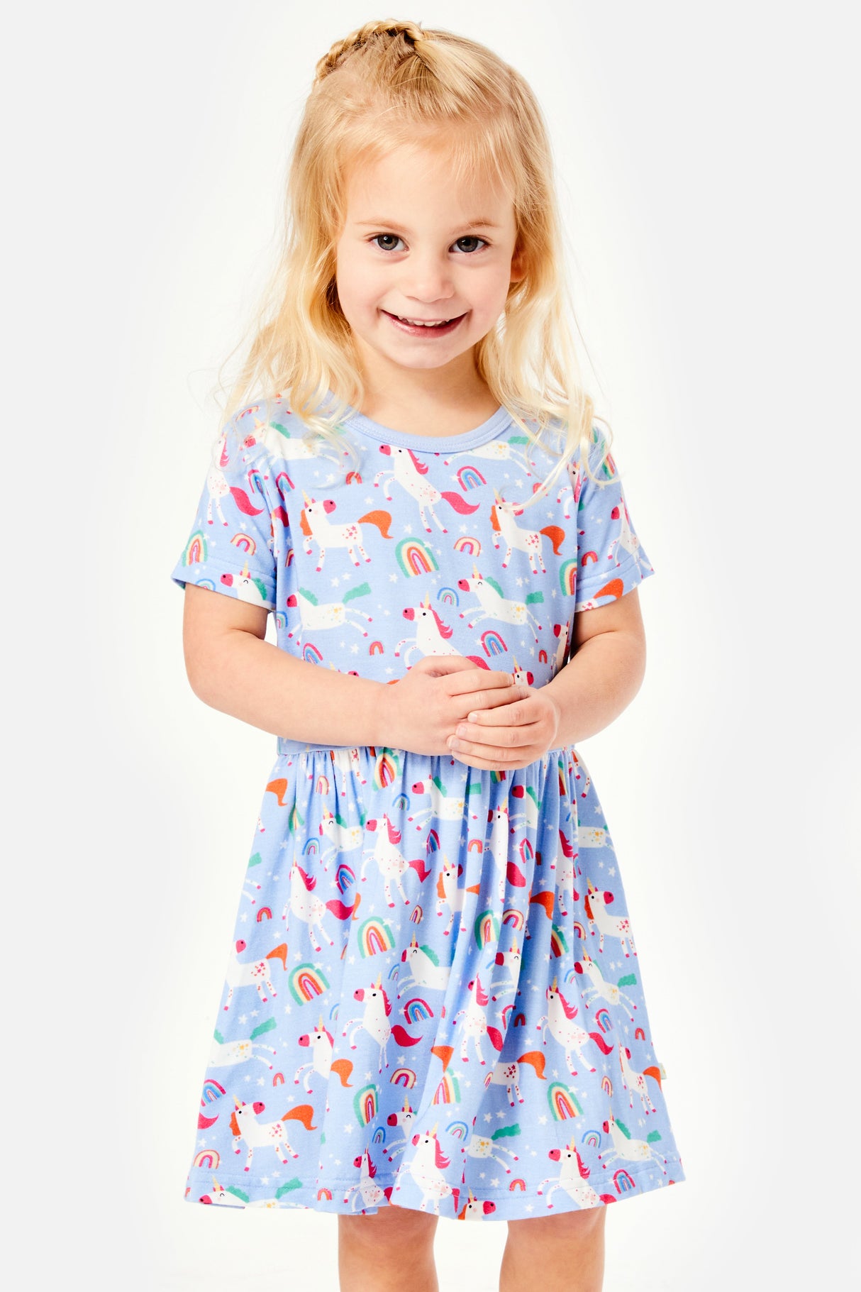 Stretchy Short Sleeve Twirl Dress - Unicorns - HoneyBug