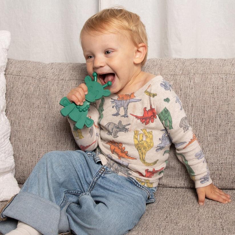 Dibly - Green - Baltic Amber & Natural Rubber Dinosaur Teether with Toothbrush Tail- - HoneyBug