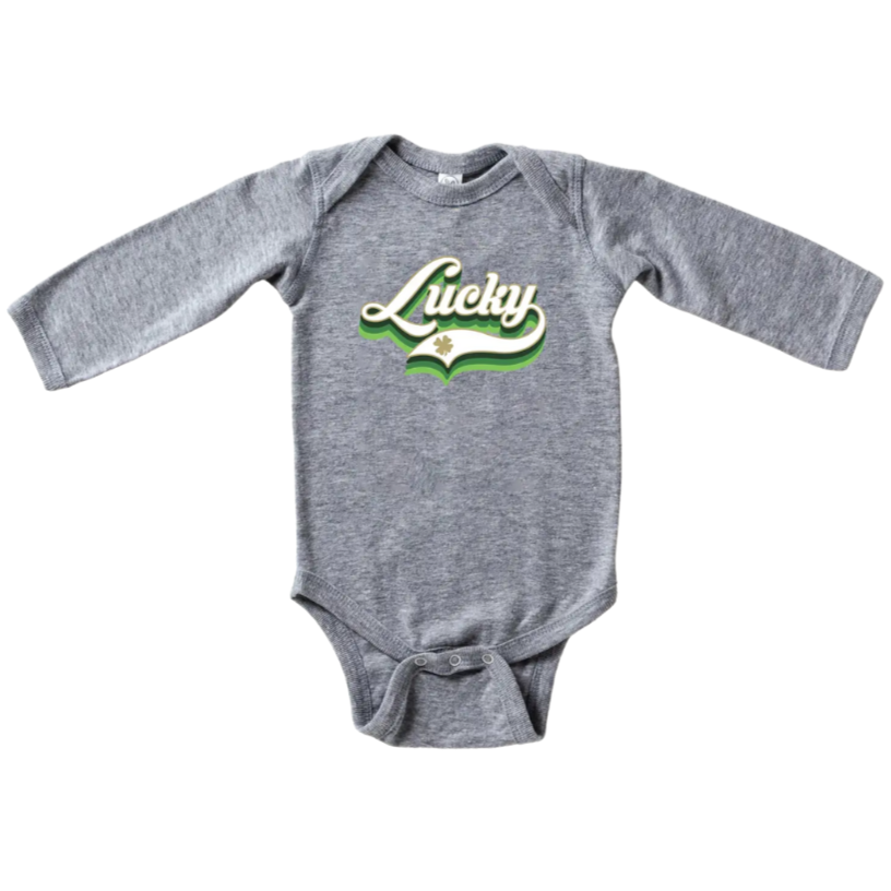 Lucky Script | Long-Sleeve Baby Onesie - Heather Grey - HoneyBug