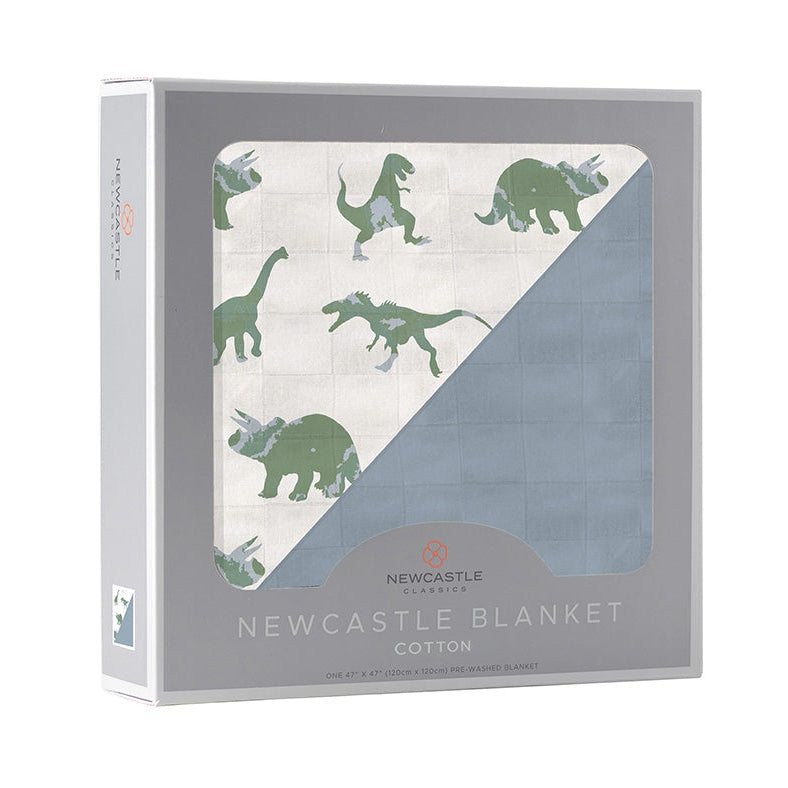 Granite Green Dinosaurs and Blue Fog Cotton Newcastle Blanket - HoneyBug
