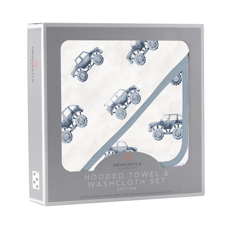 Indigo Monster Trucks Cotton Hooded Towel and Washcloth Set - HoneyBug