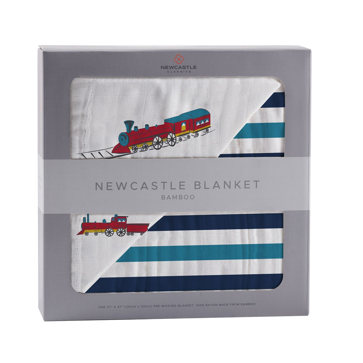 Vintage Steam Trains and Blue Stripe Bamboo Muslin Newcastle Blanket - HoneyBug
