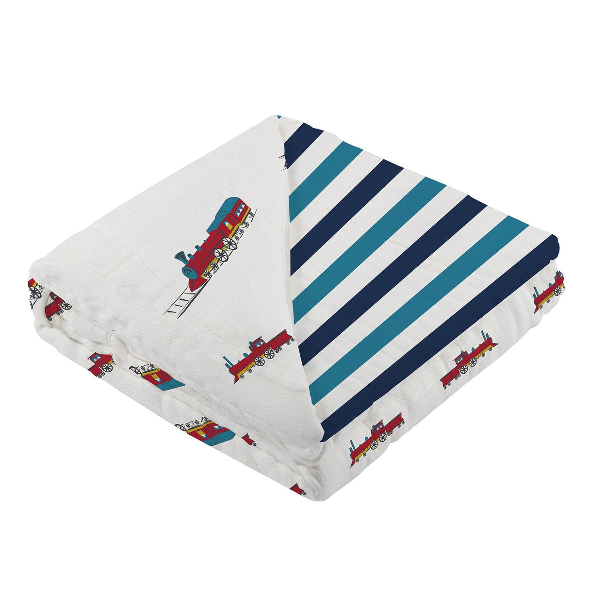 Vintage Steam Trains and Blue Stripe Bamboo Muslin Newcastle Blanket - HoneyBug