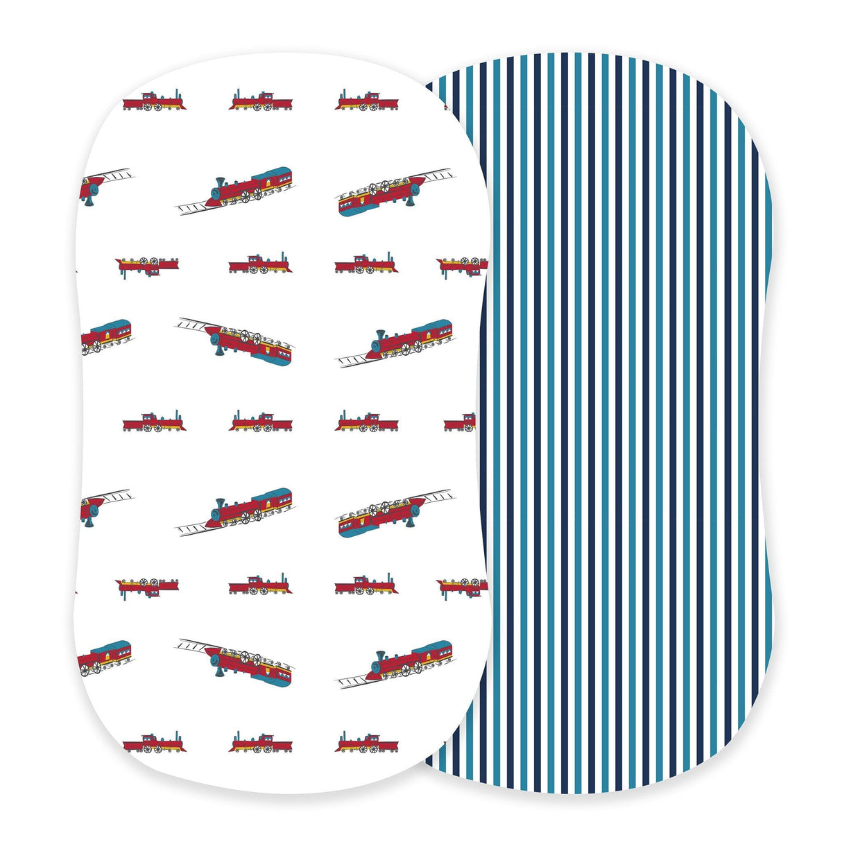Vintage Steam Trains and Blue and White Stripe Bamboo Changing Pad Cover/Bassinet Sheets - HoneyBug