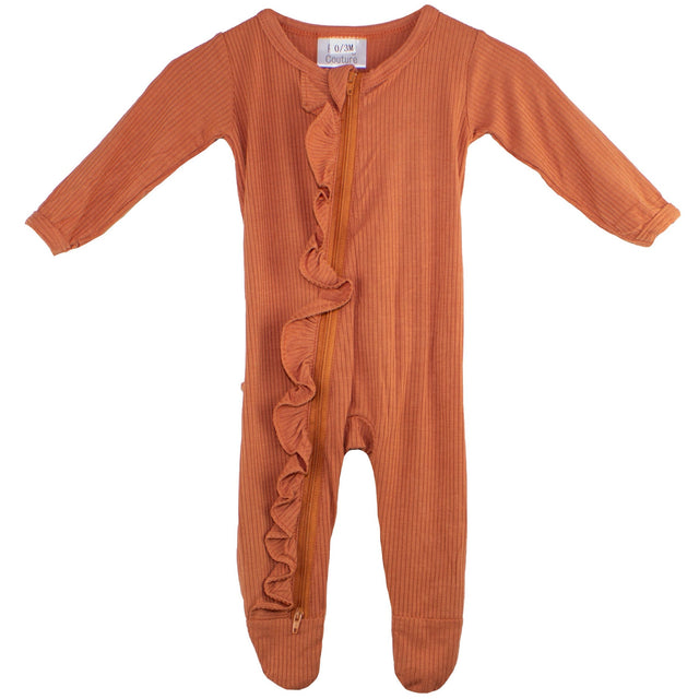 Ruffle 2 Way Zip Romper - Ribbed Rust - HoneyBug 