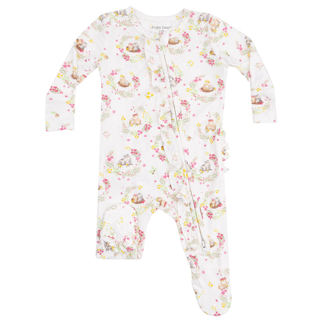2 Way Ruffle Zipper Footie - Floral Owl Families - HoneyBug 