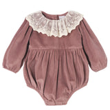 Mauve Velvet Baby Romper – Lace Collar Special Occasion - HoneyBug 