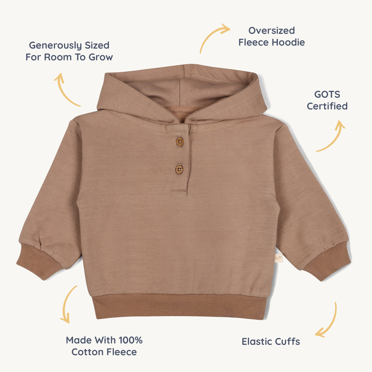 Organic Fleece Henley Hoodie - Taupe - HoneyBug 