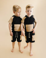 Terry Cargo Shorts Set | Black & Tan - HoneyBug 