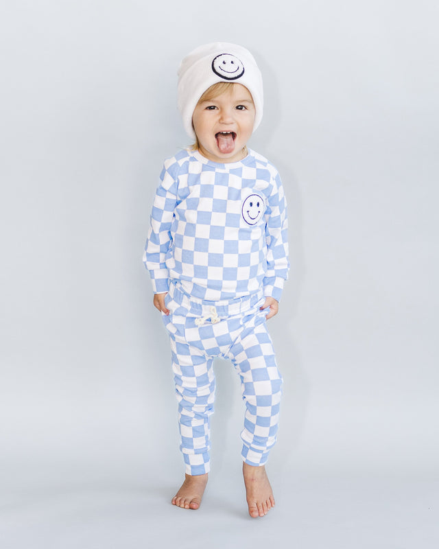 Checkered Smiley Lounge Set | Blue - HoneyBug 