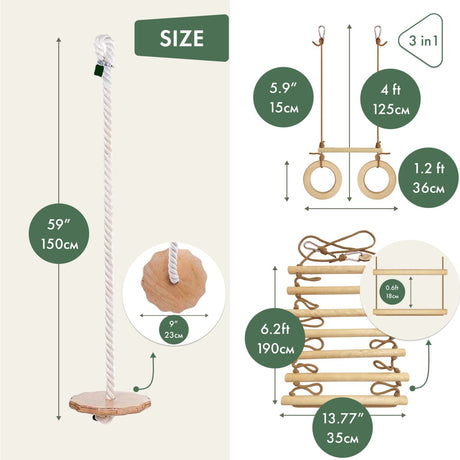 3in1 Swings Set: Rope Ladder + Gymnastic Rings + Disc Rope Swing - HoneyBug 