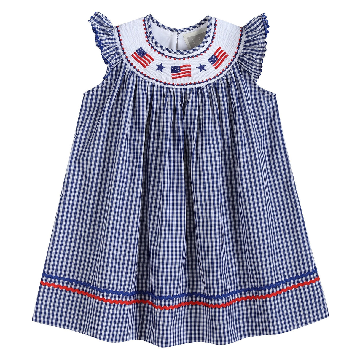 4th of July Royal Blue Gingham American Flag Smocked Bishop Dress