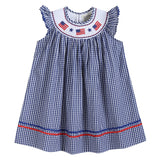 4th of July Royal Blue Gingham American Flag Smocked Bishop Dress