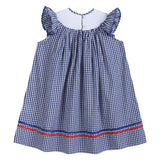 4th of July Royal Blue Gingham American Flag Smocked Bishop Dress
