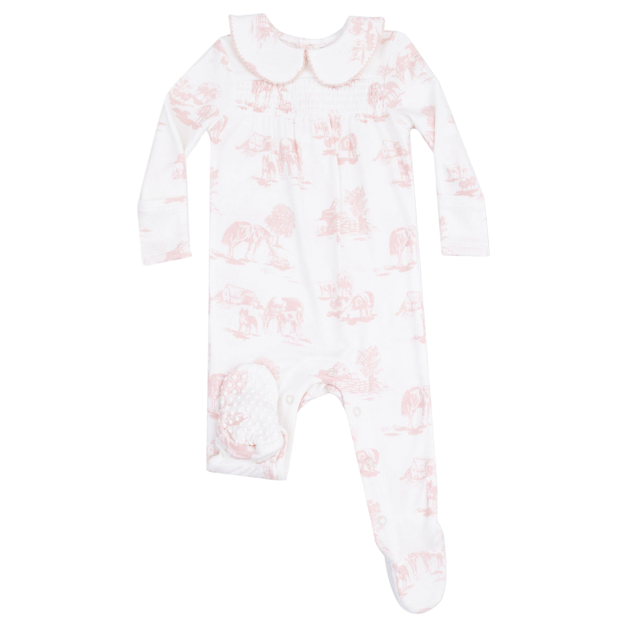Peter Pan 2 Way Zipper Footie - Farm Toile - Pink - HoneyBug 