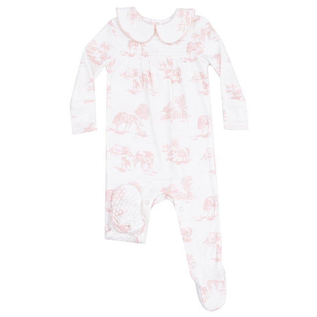 Peter Pan 2 Way Zipper Footie - Farm Toile - Pink - HoneyBug 