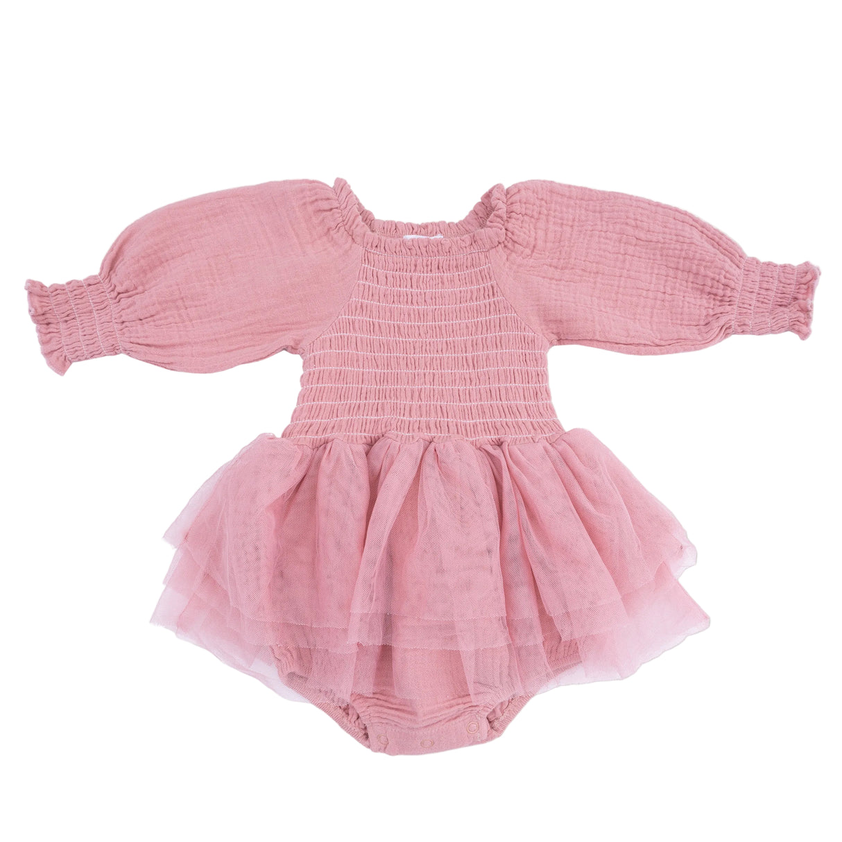 Solid Rose Elegance - Long Sleeve Smocked Bubble with Tutu