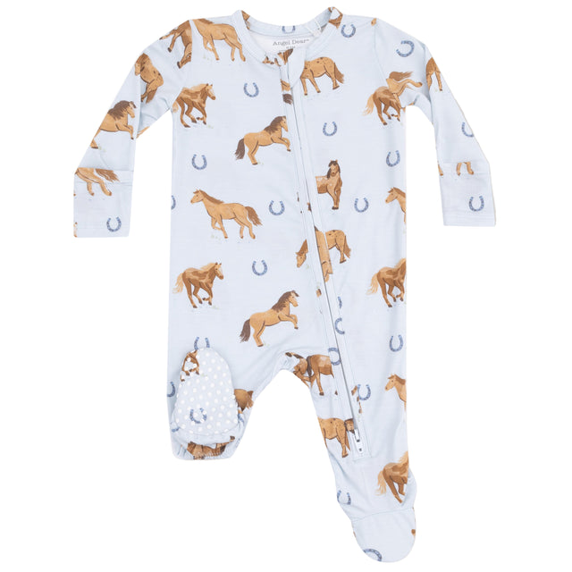 2 Way Zipper Footie - Horses - Blue - HoneyBug 