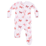 2 Way Zipper Ruffle Back Footie - Candy Cane Bows - HoneyBug 
