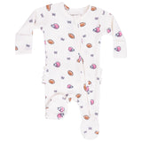 2 Way Zipper Ruffle Back Footie - Footballs and Bows - HoneyBug 