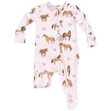 2 Way Zipper Ruffle Back Footie - Horses - Pink - HoneyBug 