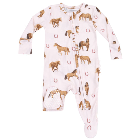 2 Way Zipper Ruffle Back Footie - Horses - Pink - HoneyBug 
