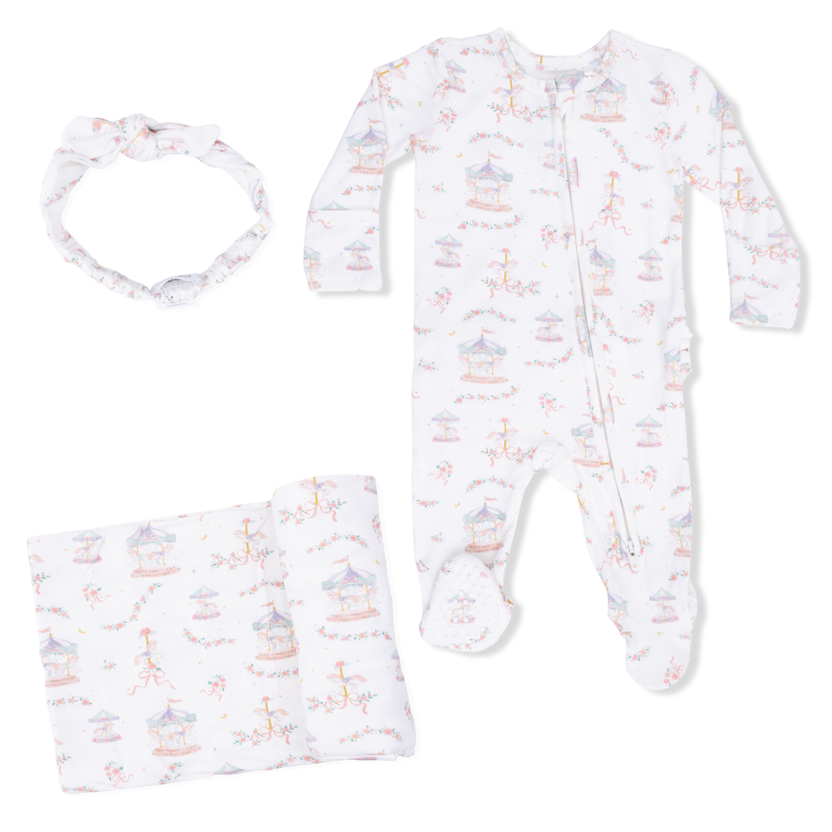 Carousel with Bows - 2 Way Ruffle Back Zipper Footie, Headband, & Swaddle Blanket Set