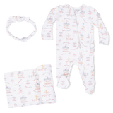 Carousel with Bows - 2 Way Ruffle Back Zipper Footie, Headband, & Swaddle Blanket Set