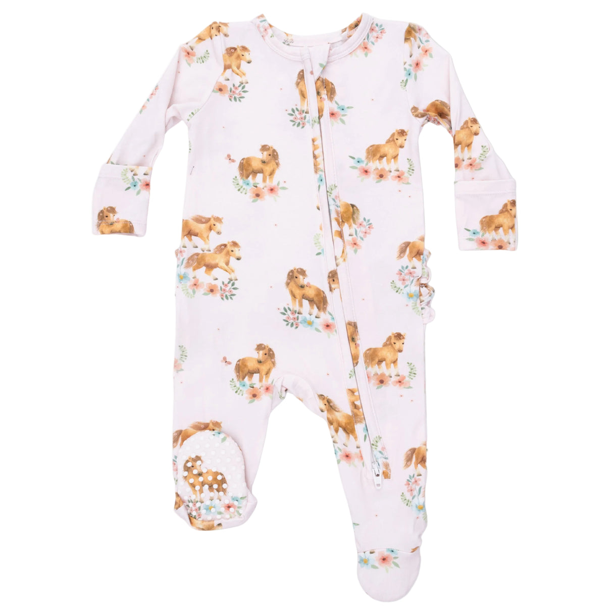 Pink Ponies - 2 Way Ruffle Back Zipper Footie