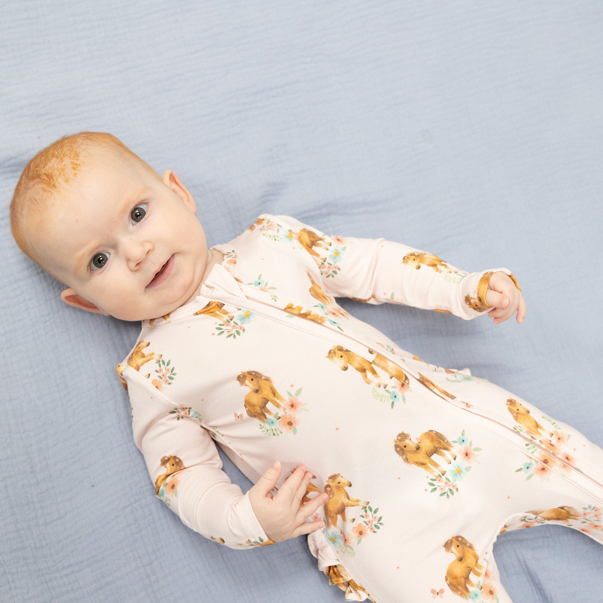 Pink Ponies - 2 Way Ruffle Back Zipper Footie