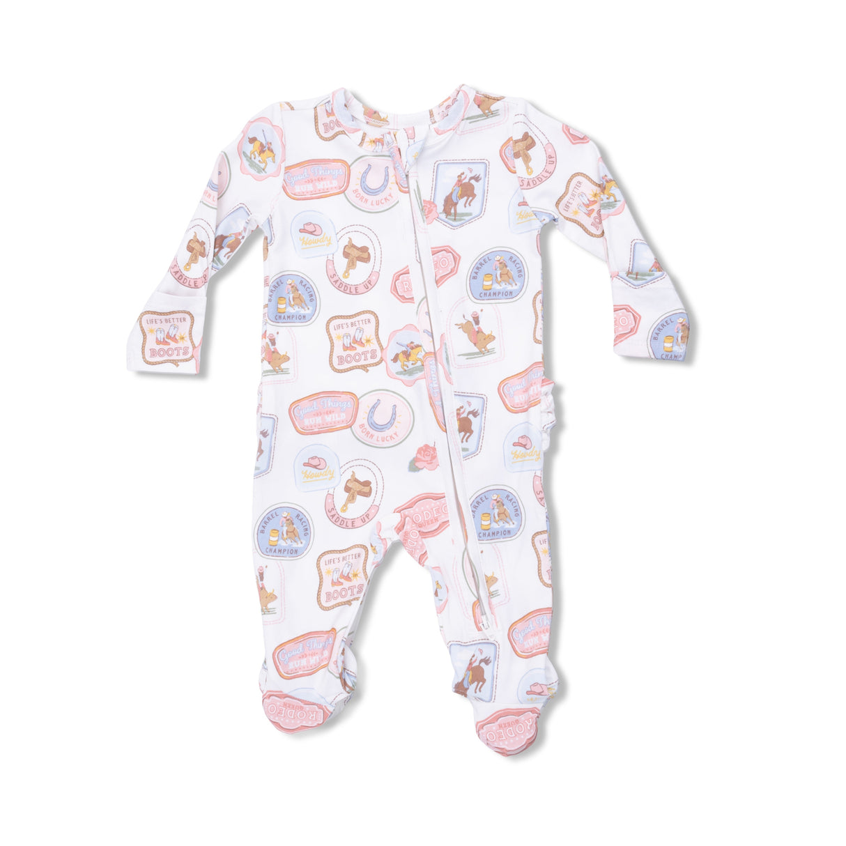 Rodeo Patches Pink - 2 Way Ruffle Back Zipper Footie
