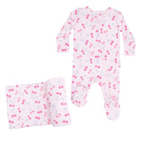 Sweet Bow Cherries - 2 Way Ruffle Back Zipper Footie & Swaddle Blanket Set
