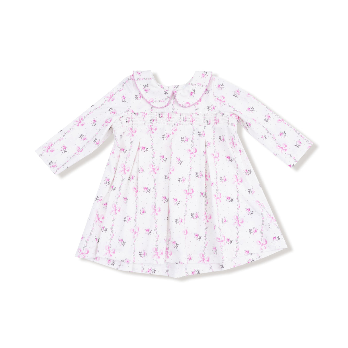 Long Sleeve Peter Pan Collar Dress with Smocking and Bloomer - HoneyBug 