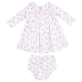 Long Sleeve Peter Pan Collar Dress with Smocking and Bloomer - HoneyBug 