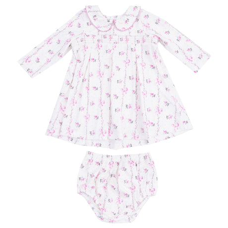 Long Sleeve Peter Pan Collar Dress with Smocking and Bloomer - HoneyBug 