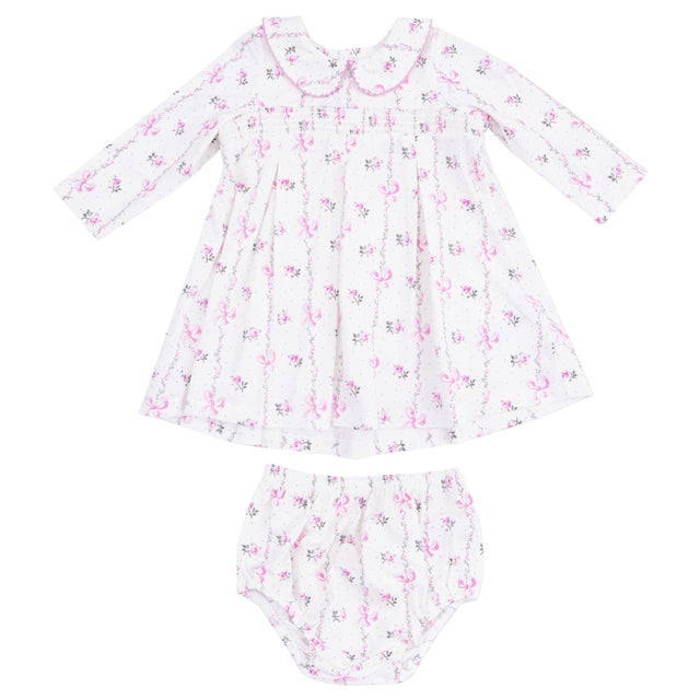 Long Sleeve Peter Pan Collar Dress with Smocking and Bloomer - HoneyBug 