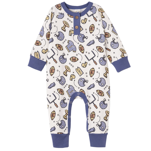 Touchdown Baby Boy Bamboo Henley Football Romper - HoneyBug 