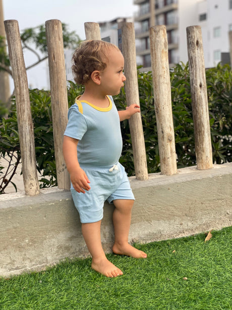 100% Peruvian Pima Cotton Chambray Blue with Yellow Short Sleeve Snap Bodysuit - HoneyBug 